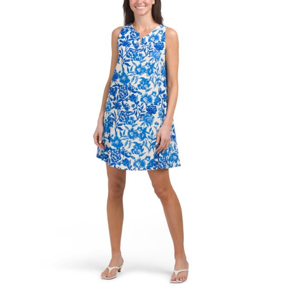 LE RAGAZZE Royal Blue Made In Italy Linen Blend Sleeveless Floral Mini Dress